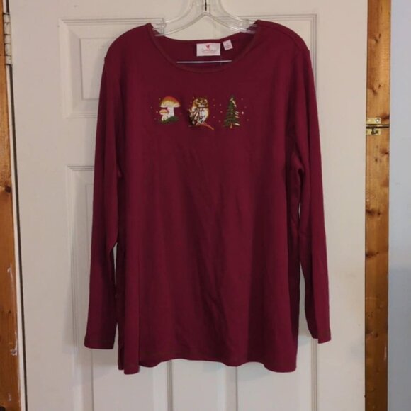 Quaker Factory by Jeanne Bice Sz 1X Long Sleeve Tee Shirt Owl Mushroom Fall Tree - Picture 1 of 7